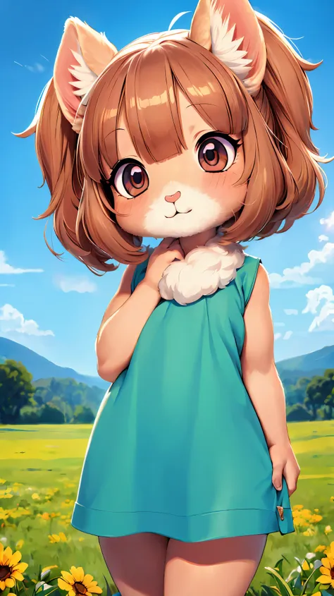 ((Alpaca looking at you)), ((One Alpaca:1.2)), (Chibi:1.6), animal, hairy, fluffy:1.1, friendly:1.1, cute, Adorable, Brown, curious look:1.1, Big eyes:1.1, Sharp Eyes, soft fur, Green grass on background, Peaceful environment, beautiful sunny day, High res...