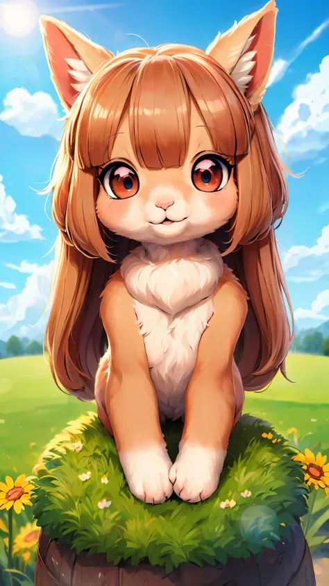 ((Alpaca looking at you)), ((One Alpaca:1.2)), (Chibi:1.6), animal, hairy, fluffy:1.1, friendly:1.1, cute, Adorable, Brown, curious look:1.1, Big eyes:1.1, Sharp Eyes, soft fur, Green grass on background, Peaceful environment, beautiful sunny day, High res...