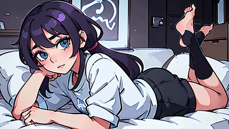 2d anime style, adult woman, she is lying in her bed listening to trance music with headphones, beautiful eye, beautiful intricate triadic light color ponytail hair, modern casual clothes, bedroom with modern lighting and decor, hi-techology, panoramic vie...