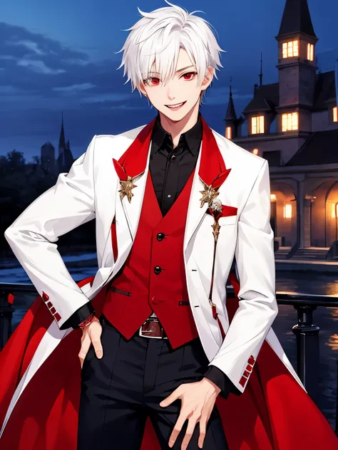 1boy,smile,18 years old,guy, standing in the vampire castle, at night,,handsome,short hair, straight hair, white hair,vampire clothes,red eyes, vampire