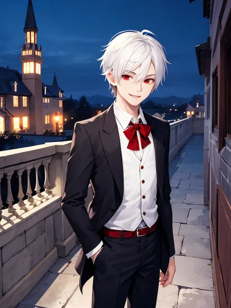 1boy,smile,18 years old,guy, standing in the vampire castle, at night,,handsome,short hair, straight hair, white hair,vampire clothes,red eyes, vampire