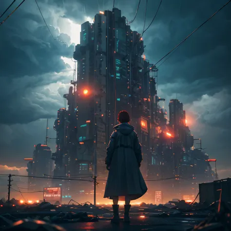 overall plan, distant plan, 1 woman in a raincoat, (looking into the camera:1.1), pixel, heavy rain, neon lights, dangling sprin...