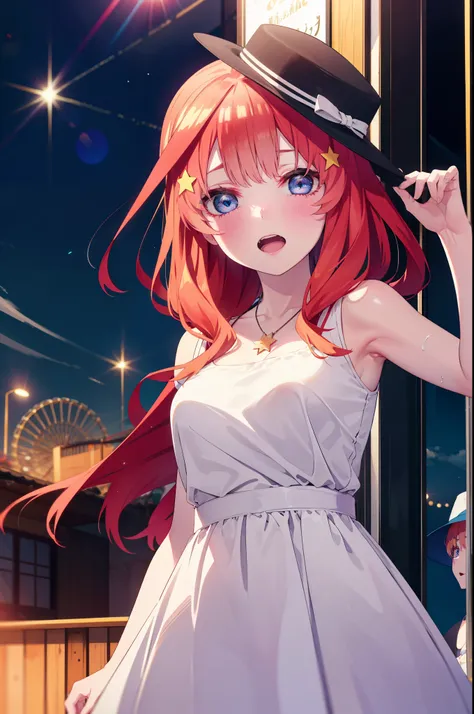 itsukinakano, Itsuki Nakano, bangs, blue eyes, Hair between the eyes, Ahoge, Redhead, star (symbol), hair ornaments, star hair ornaments,
(Great Laugh:1.1), (Open your mouth:1.1), Sun glare, Bokeh, Written boundary depth, blurred background, Particles of l...