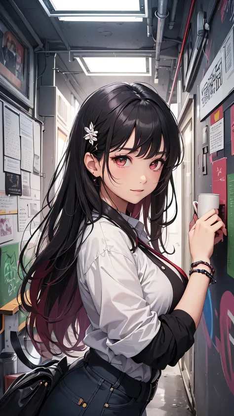 最high quality、Best image quality、masterpiece、girl((20-year-old、 By becoming、Best Bust、Medium Bust,Wide open breast tea、red glowing eyes, Black and red hair、Disheveled Hair、Long Hair、thin,The highest valley、White overshirt、Open chest、White wristband、smile、L...