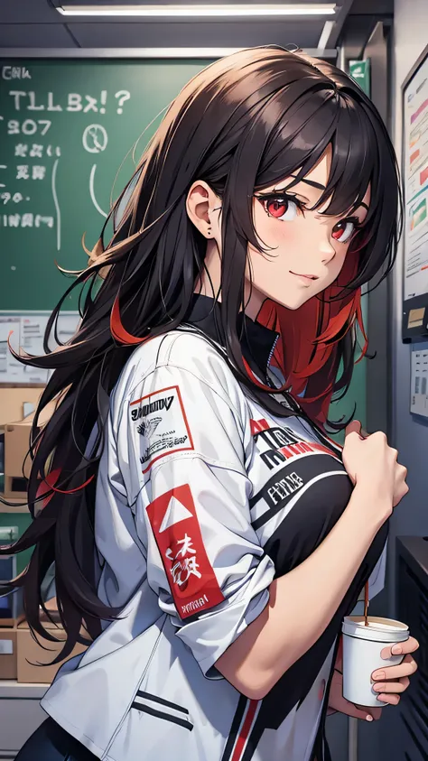 最high quality、Best image quality、masterpiece、girl((20-year-old、 By becoming、Best Bust、Medium Bust,Wide open breast tea、red glowing eyes, Black and red hair、Disheveled Hair、Long Hair、thin,The highest valley、White overshirt、Open chest、White wristband、smile、L...