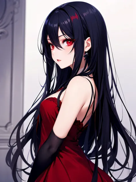 1woman, vampire,Red eyes, short dress,black dress, long hair,dark blue hair,red eyes,looking away, half body photo,beautiful makeup, Beautiful blush, beautiful eyelashes,ultra detail,ultra HD, masterpiece 