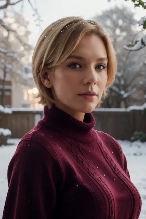 Super realism, studio photo for a magazine. background viburnum in the snow. amazingly beautiful woman 55 years old. blond short hair. burgundy sweater with a high collar. Hyper realism, 8K,