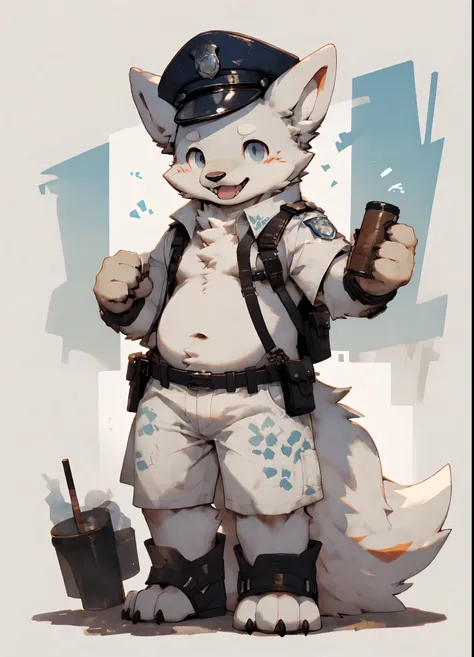 白色Small熊，police hat，Small，Bare-topped，cute，Slightly fat，honest，Stick out your tongue，Naughty，Plush body，Fluffy tail，Pure white fur，（（riverside））