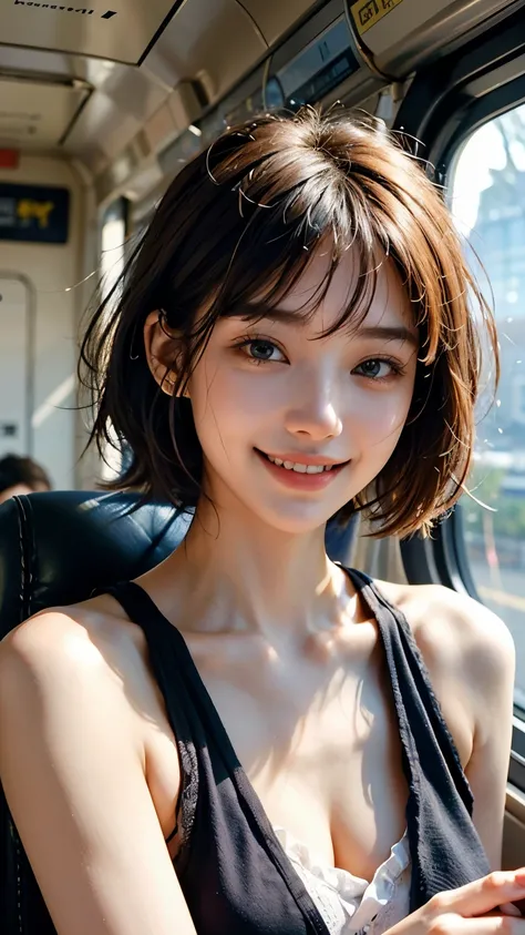 highest quality, masterpiece, Ultra-high resolution, (Realistic:1.4), (Close portrait) Raw photo, 1 girl,20-year-old,((Inside the Shinkansen)),((Wireless Earphones)),((Staring at smartphone screen)),,((Asian Fashion)),Messy Hair,((Cap Chestnut Hair)),((Ban...