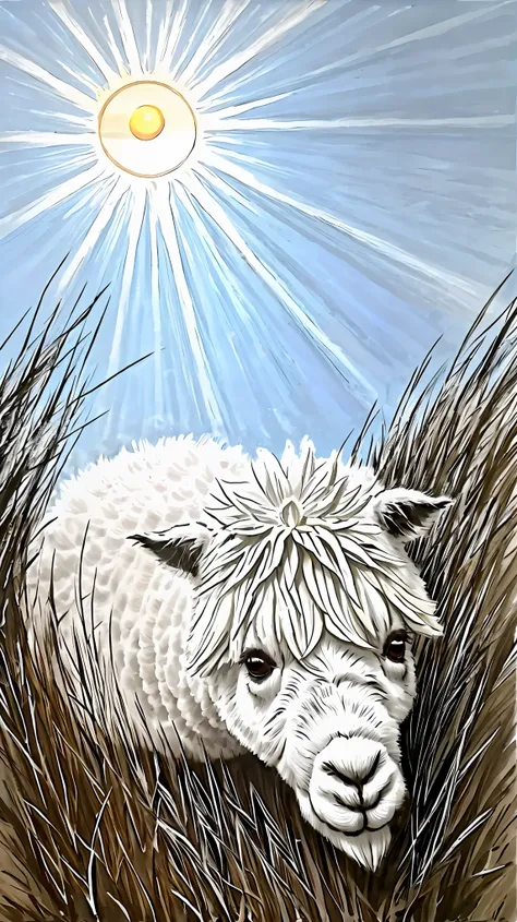 ((alpaca:1.2))、soft and fluffy fur、こちらを見つめるalpaca、close-up shot:1.4、ink painting、(peaceful landscape、peaceful scene、illuminated ...