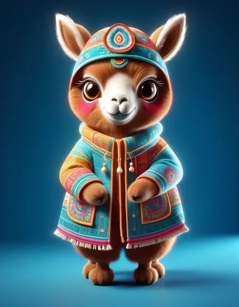 in style of Patchwork , portrait，（A cute alpaca is used as a pack animal by the Indians）， Alpaca is anthropomorphized with makeup，whole body，Dynamic poses，Cool，Cute big eyes，Alpaca in Indian costume，Cartoon，in style of Terracotta artwork , portrait，backgro...