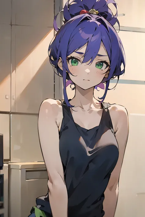 
Towa is a beautiful anime girl with purple hair and green eyes wearing a very cute tank top