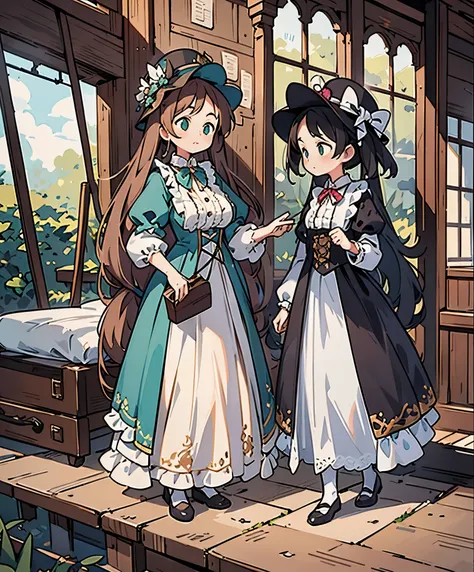 (masterpiece、highest quality、highest quality、Official Art、Beautiful and beautiful:1.2)、(One girl:1.3)Hatsune Miku、Twin tails,Big Breasts,Arabian woman in dress and hat with suitcase on stairs, victorian gothic Lolita Fashion, Lolita Style, Victorian Style ...