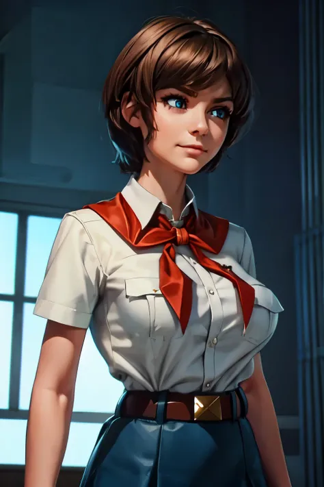 dark brown hair, short disheveled hair, raised eyebrows, sparkling eyes, blue eyes, shy smile, atmospheric perspective, anime style, cinematic lighting, glowing light, Wide-Angle, 8k, best quality, masterpiece, high details, high quality, slim and fit youn...