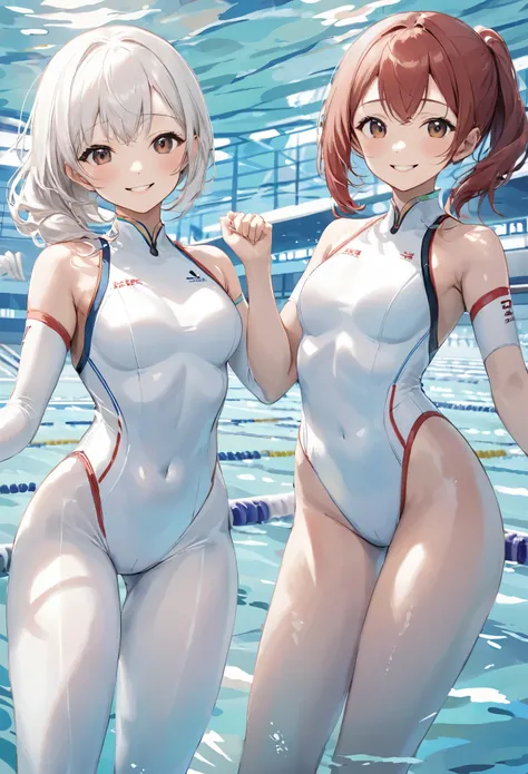 masterpiece、highest quality、High resolution、Two realistic girls、Competitive swimmer、Close-up of a person、Wearing a white bodysuit、During Competitive swimmerics competitions、smile、Swimming Venues、sexy competitive swimwear