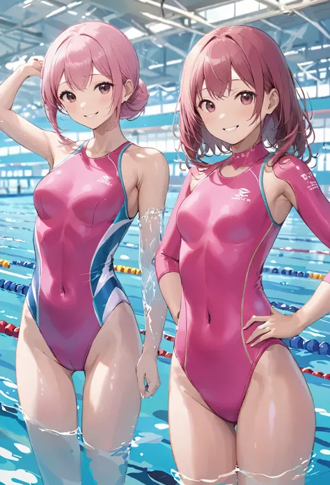 masterpiece、highest quality、High resolution、Two realistic girls、Competitive swimmer、Close-up of a person、Wearing a pink bodysuit、During Competitive swimmerics competitions、smile、Swimming Venues、sexy competitive swimwear