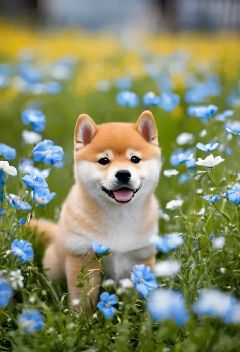 shiba inu puppy in a blue flower field