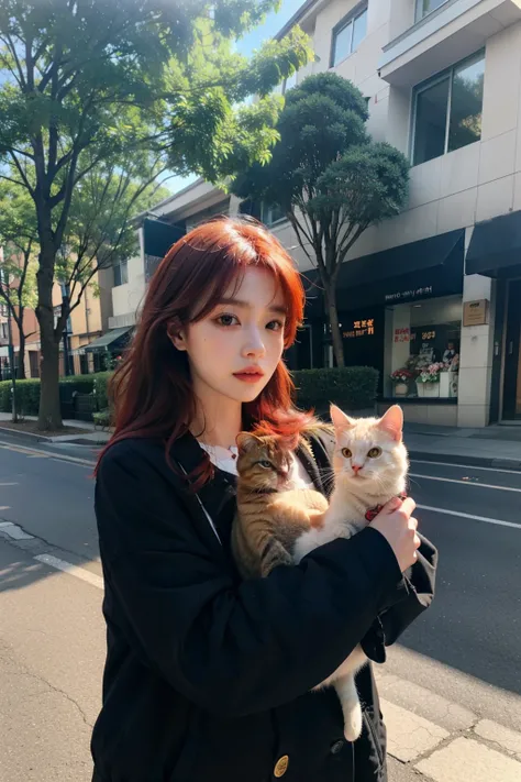 Close up of person holding cat on street, Best Face, with red hair, Doyoung Kim, Jinyoung Shin, very beautiful cute cat, 