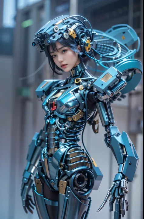 (best quality:1.2), 8k, highres, octan render, (masterpiece), extremely ultra detail, cyborgized Japanese woman, extremely ultra cute face, , skinny body, flat chest,  (blue metallic mechanical frame:1.5), (Power cables connected throughout the body), deta...