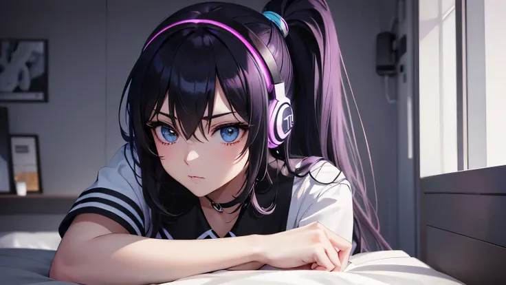 2d anime style, adult woman, she is listening to trance music with headphones, beautiful eye, beautiful intricate triadic light color ponytail hair, modern casual clothes, bedroom with modern lighting and decor, high-tech, full body, rich in details, maste...