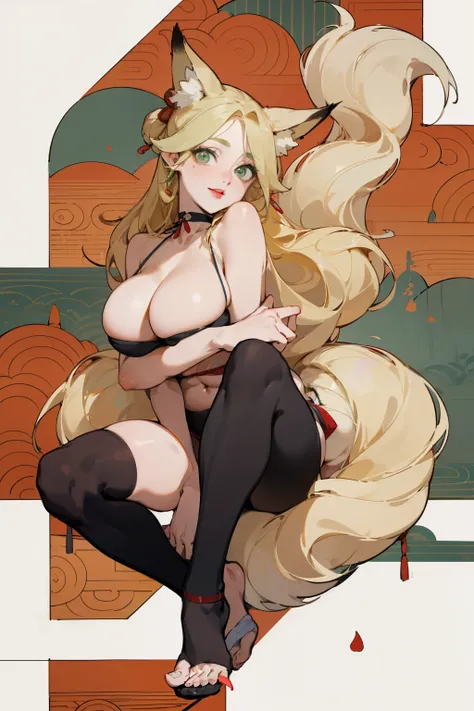 solitary,  (Fox ears), Exquisite eyes, blond hair，Facial details, Green Eyes, Red Eyeshadow, lips are red,  Fake laugh, Ukiyo-e, masterpiece, high quality, big breasts，Black tights，High heel，Exposing thighs，bikini