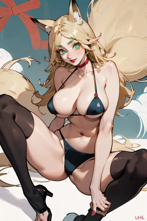 solitary,  (Fox ears), Exquisite eyes, blond hair，Facial details, Green Eyes, Red Eyeshadow, lips are red,  Fake laugh, Ukiyo-e, masterpiece, high quality, big breasts，Black tights，High heel，Exposing thighs，bikini