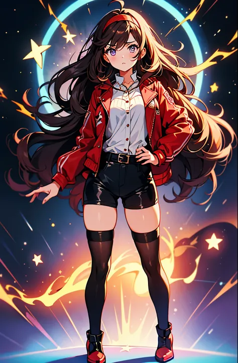 Woman with brown eyes, age 21 (medium hair, dark brown hair, wavy hair, red hairband), ahoge, ((white blouse with black stars, vest, jacket, opened jacket, red jacket with stars)), ((black bike shorts, bare legs)), ((black thigh highs, high-heel shoes)), p...