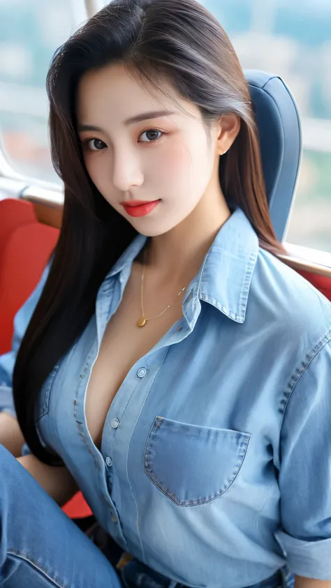 close-up of beautiful korean female, 34 inch breasts size, slicked hair back, wearing shirt, jeans, sitting in the plane, bokeh background , UHD