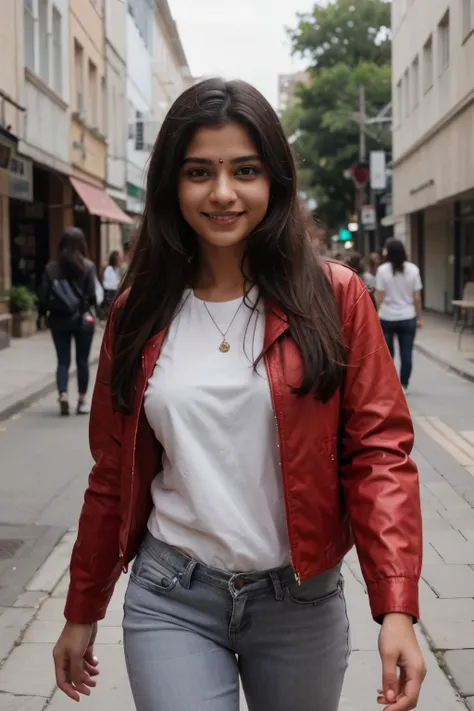 A beautiful Indian cute girl smile  wearing a red jacket white shirt black jeans walking in the street 