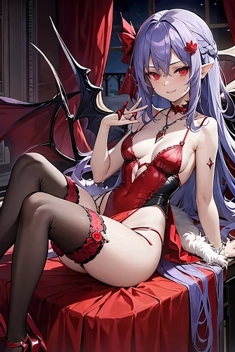 Remilia Scarlet, obscene pose, blue hair, obscene costume, Red eyes, wings, , evil smile, cinematic light, a dark room, necklace, Domination, white stockings, gasped