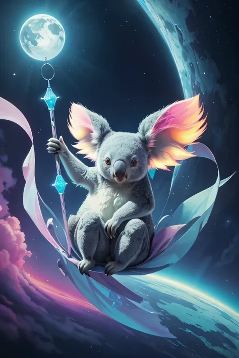 Draw a koala with a whimsical expression, defying gravity as it floats gracefully among the fluffy, cotton-like clouds in a surreal, psychedelic sky. This masterpiece, of best quality, features an abstract rendition of the koalas fur with intricate, neon-c...