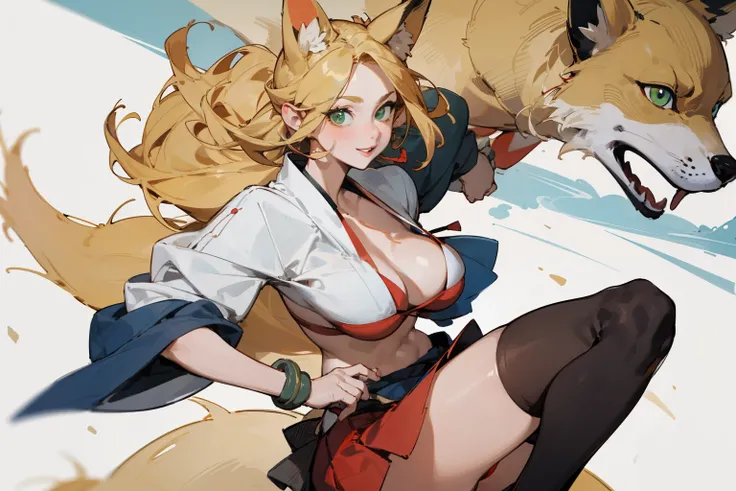 solitary,  (Fox ears), Exquisite eyes, blond hair，Facial details, Green Eyes, Red Eyeshadow, lips are red,  Fake laugh, Ukiyo-e, masterpiece, high quality, big breasts，Short skirt，Black tights，High heel，Exposing thighs，bikini