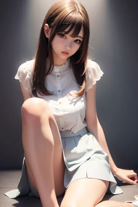 realisitic、long legged、ful、Feminine、eal、long legs、full、feminine、white shirt、mini skirt、high heels,very delicate face,realistic lighting and shading, (Very delicate and beautiful art)1.3, It&#39;s elegant,dramatic shadow、very detailed。high quality、High reso...