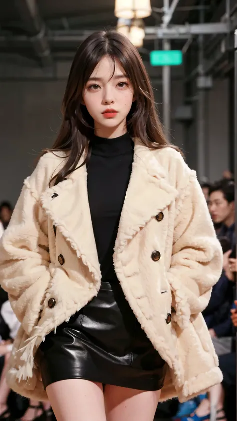 girl, bangs, long hair, view viewer, parted lips, catwalk,(high fashion), (shiny skin), (Masterpiece:1.4), (Best Quality:1.4), Red Lips, sweet girl, fur coat, miniskirt