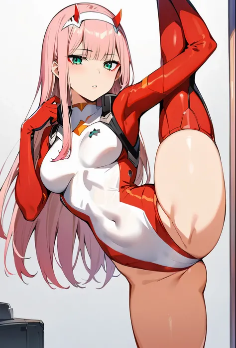 (masterpiece, best quality:1.2), 1girl, Zero Two, Darling in the franxx, solo,standing_split, 
, long hair，red Pilot Suit, Black & White lace, skin tight, Franxx in background