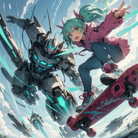  Sci-Fi style eureka anime illustration, rough and intense illustration of 1girl, jumping high in the sky on a mecha skateboard. The background depicts a mecha air-surfing high in the sky and a dynamic jump to the sky with elements of breakdancing. The ima...