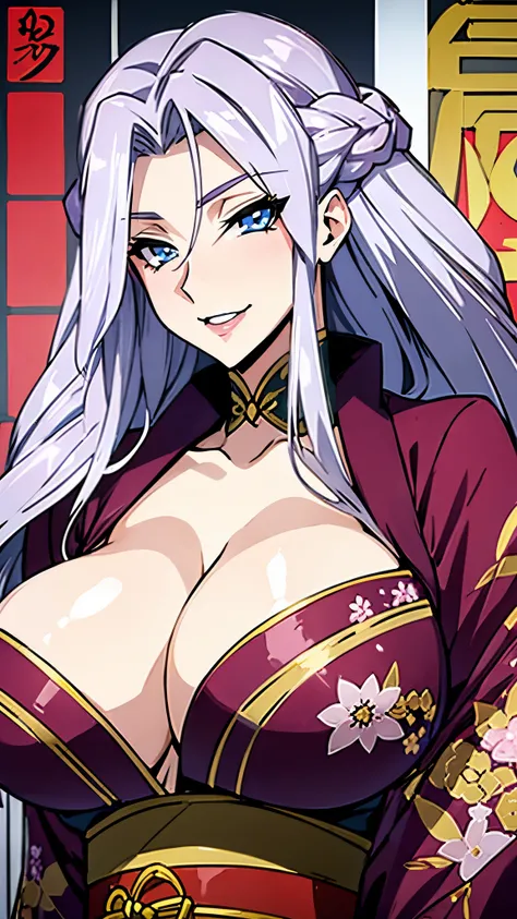 huge tits,  smile, busty, kimono, cleavage, silver hair, blue eyes, long hair, milf, upperbody, 