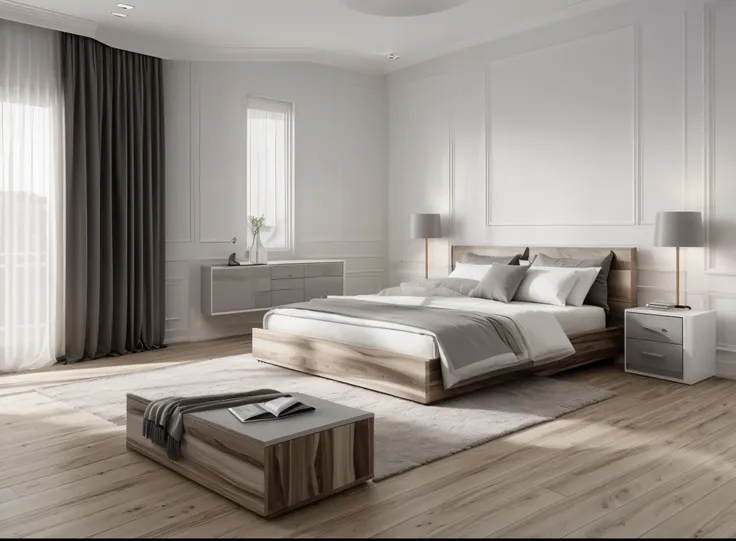 raw photo,masterpiece, neo-classic bedroom, glossy wood, mdf wood texture, white and grey, dark tone, high quality, best quality...