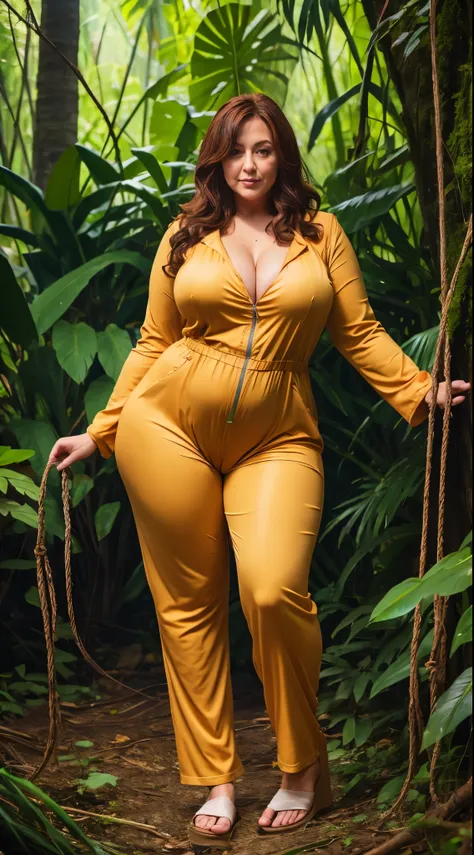 50 years old Woman in jungle, curvy body , wearing jumpsuit pajamas, beautiful woman, very detail ,pawg, long legs ,thick high, full body in camera, from front, wearing strap wedges, wide hips