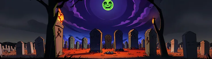 Animated cartoon style scene of a cemetery with many tombstones, morcegos voando, fantasmas, aranhas em alguns lugares, some zombies coming out of the ground, saturated purple flat sky, cinemátic, ultra wide vision plan
