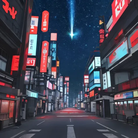 Japan，street，Not a single person，Cyberpunk color scheme，Starry Sky，meteor