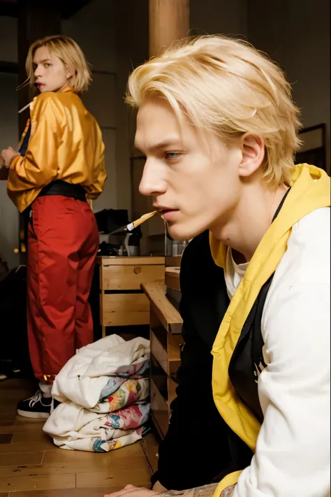 blond haired man with cigarette in mouth sitting on the floor, still from a live action movie, with yellow cloths, blonde boy with yellow eyes, johan liebert, xqc, jamie campbell bower, sanji, young blonde boy fantasy thief, keisuke goto, japanese live-act...