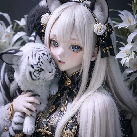 highest quality,4K,8k,High resolution,masterpiece:1.2,Very detailed,Realistic:1.37,Portraiture,pencil sketch,Black and White,Soft lighting,White Tiger Girls,small garden,Peaceful landscape,Beautiful fine details,beautiful lip detail,Long eyelashes,2 girls,...