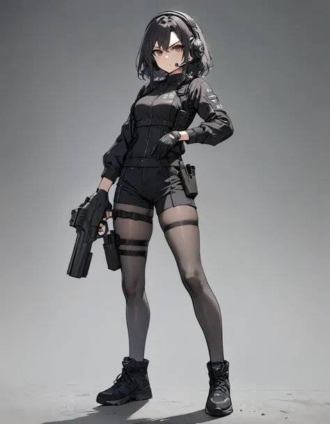 ((best quality)), ((masterpiece)), ((high res)), 1girl, muslim, brown eyes, full body, serious, stoic, gloves, black hair, gun, ...