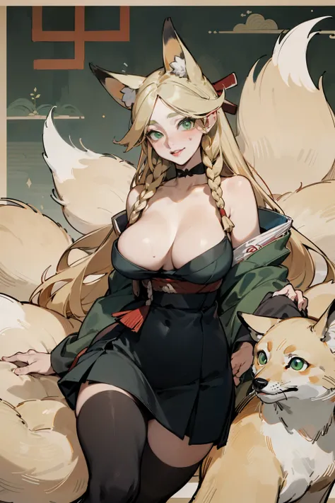 solitary, (Fox ears), Exquisite eyes, blond hair，Facial details, Green Eyes, Red Eyeshadow, lips are red, Fake laugh, Ukiyo-e, masterpiece, high quality, big breasts，Black tights，High heel，Exposing thighs，leaking breasts