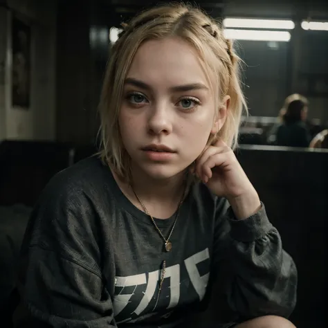 (Masterpiece: 1.1), Intimate and captivating cinematic portrait of Billie Eilish, 19-year-old singer-songwriter, quirky fashion sense, short blonde hair, unique bold eyes, expressive face, closed mouth, intriguing expression, highly detailed and textured s...