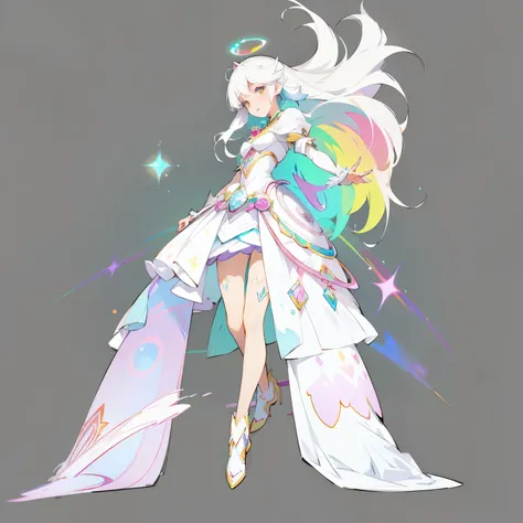 Cartoon closeup shot of a lady in a dress, Ethereal rainbow halo, Barbie in white, Clear clothing design, anime goddess, Suitable for whole body, Magical girl style, Official Character Art, White-haired deity, ( ( Character Concept Art ) ), Anime woman ful...