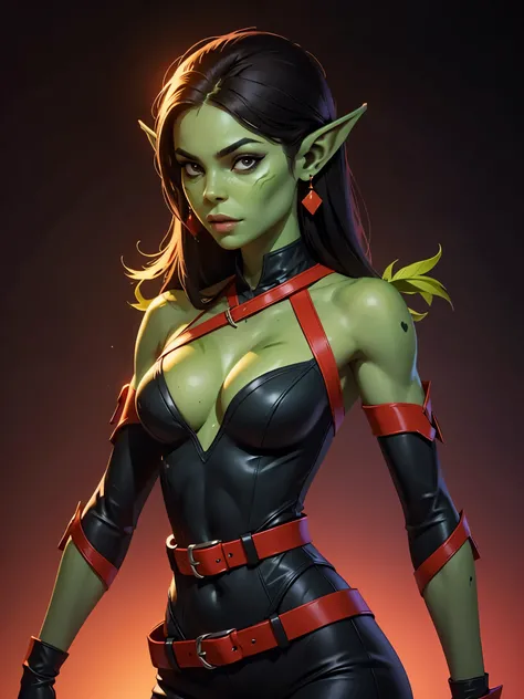 one githyanki girl, githyanki, (green skin, pointy ears, long ears:1.5), solo, (slender body:1.2), (muscular, upper body, bust:1.2), black eyes, black hair, (revealing outfit, tiny breasts, small breasts, male chest, cleavage, exposed body:1.5), bare shoul...