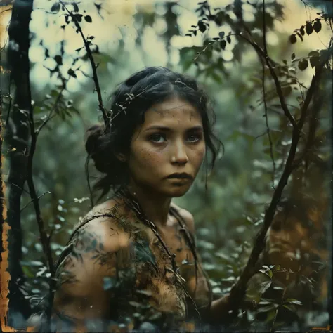 amazon native woman sorrounded with branch trees, photo real, Daguerreotype, cinematic lighting, Hasselblad, f/2.8, blurry foreground, cinematic lighting, Hasselblad, f/2.8, blurry foreground, motion blur, highres, best quality, high quality, high details,...