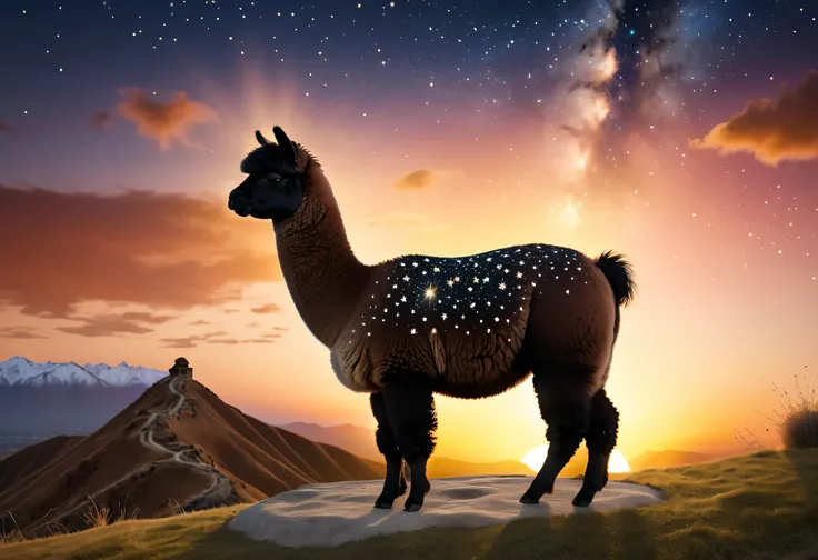 high details, best quality, 16k, [ultra detailed], masterpiece, best quality, a picture of an alpaca standing on a hilltop at sunset, the alpaca body is dark and black and filled with stars ladyshadow, you can see the sun setting behind the alpaca, 